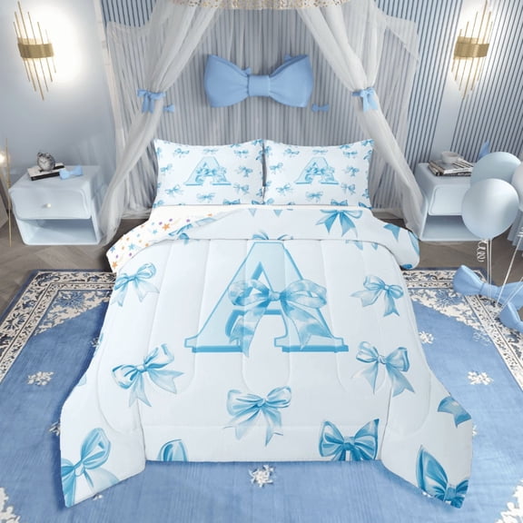 Castle Fairy Monogrammed Letter 2pcs Bedding Comforter Set,Kawaii Bowknot Twin Comforter Sets,Dreamy Princess Breathable Bedding Set,Breathable Cartoon Home Decor,Reversible