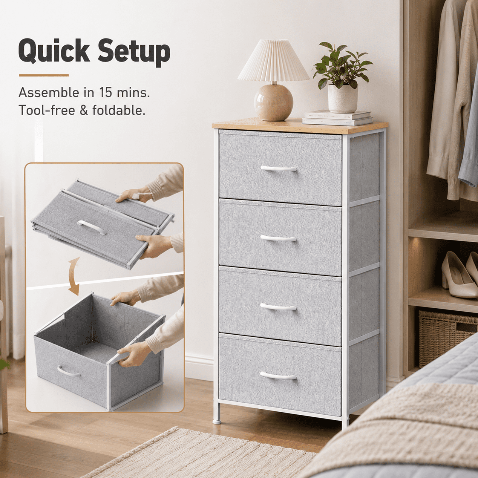 Alvantor Dresser for Bedroom with 4/5 Storage Drawers, Dressers Chest of Drawers Fabric Dresser with Sturdy Steel Frame, Wooden Top Cabinet Night Stand Dresser for Closet