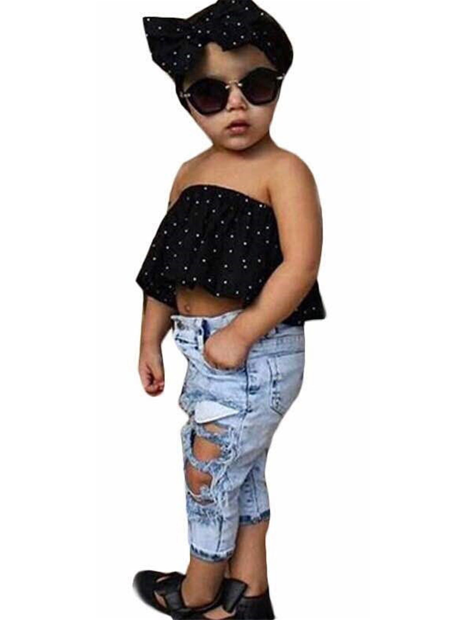 IZhansean Toddler Kids Baby Girls Sleeveless Tops Hole Jeans Pants Clothes Black 18-24 Months - Walmart.com