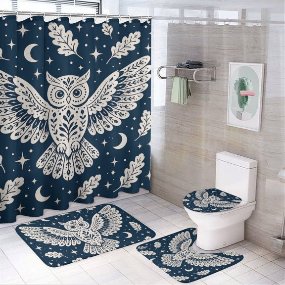 Chilfamy 4PCS Folk Art Owl with Oak Leaves And Stars Waterproof Shower Curtain Sets with Hooks,Bathroom Sets with Non-Slip Rugs,Toilet Lid Cover and Bath Mat
