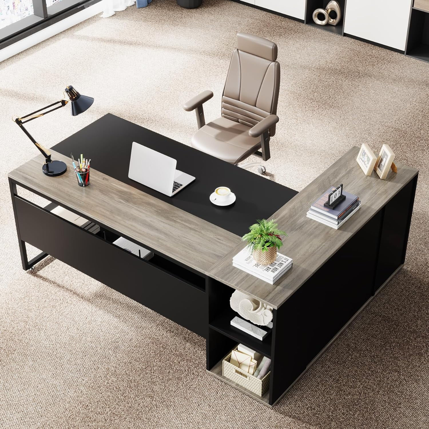 Tribesigns 71 inch L Shaped Executive Desk with Cabinet Storage, Rustic Brown Business Furniture Desk Workstation with Shelves for Home Office