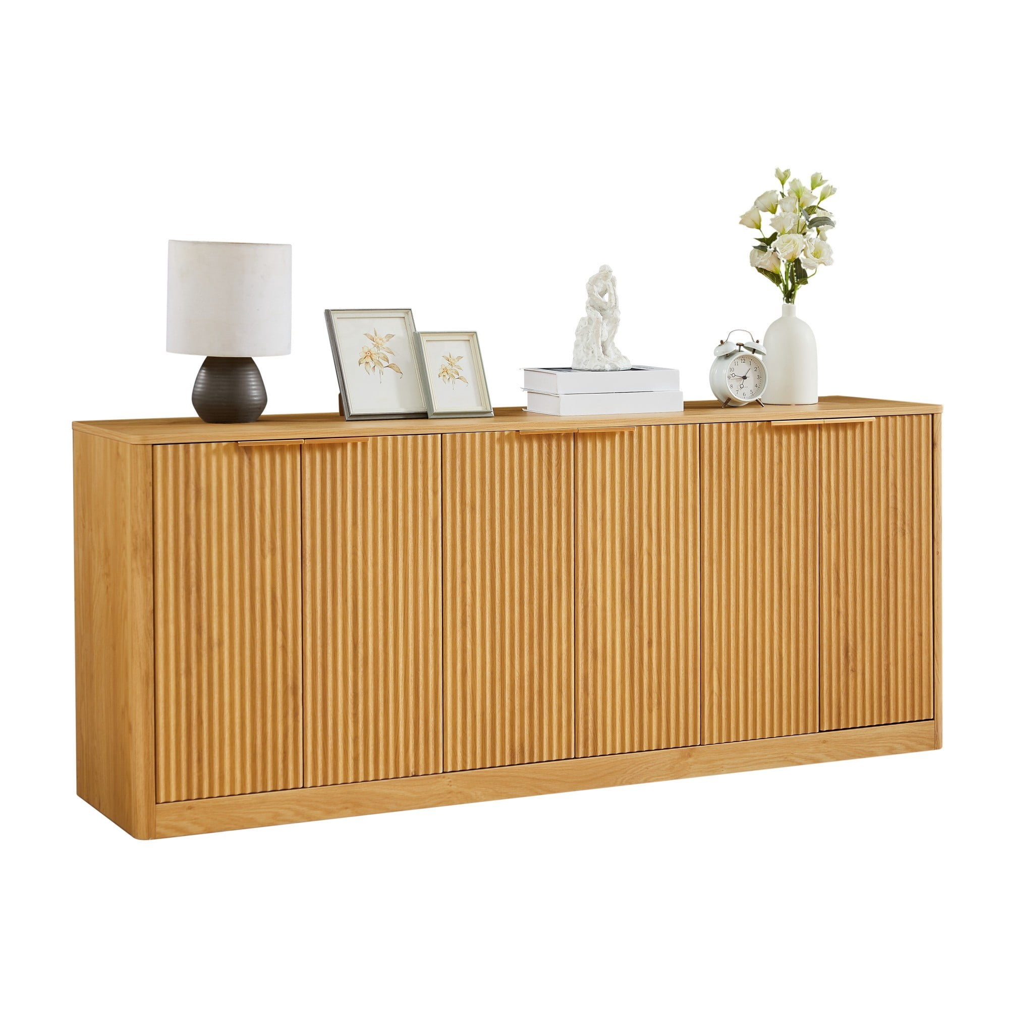 67" Modern Wavy Sideboard Cabinet, 6-Door Curved Storage Cabinet, Large TV Stand Buffet Console for Living Room Kitchen, Natural