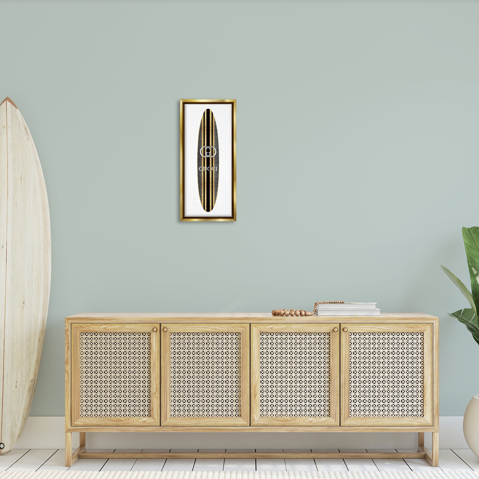 Stupell Industries Trendy Glam Surfboard Nature Painting Gold Floater Framed Canvas Art Print Wall Art, 11 x 25