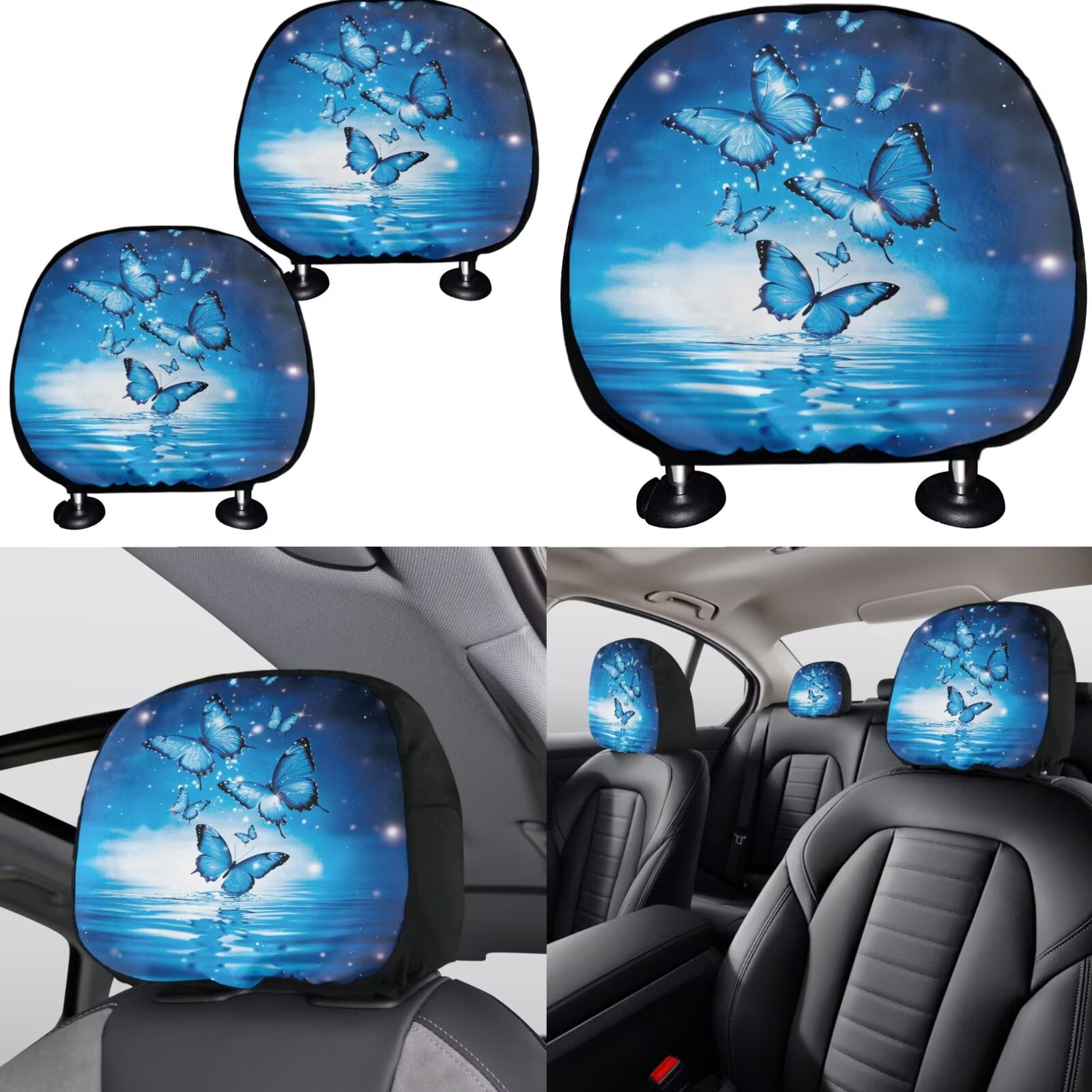 Jeiento Blue Butterfly Car Seat Covers Set 11 Pack, with Auto Seat Covers Keychain Headrest Cover Cup Coasters Handbrake Cover Gear Shift Knob Cover Auto Accessories Decor