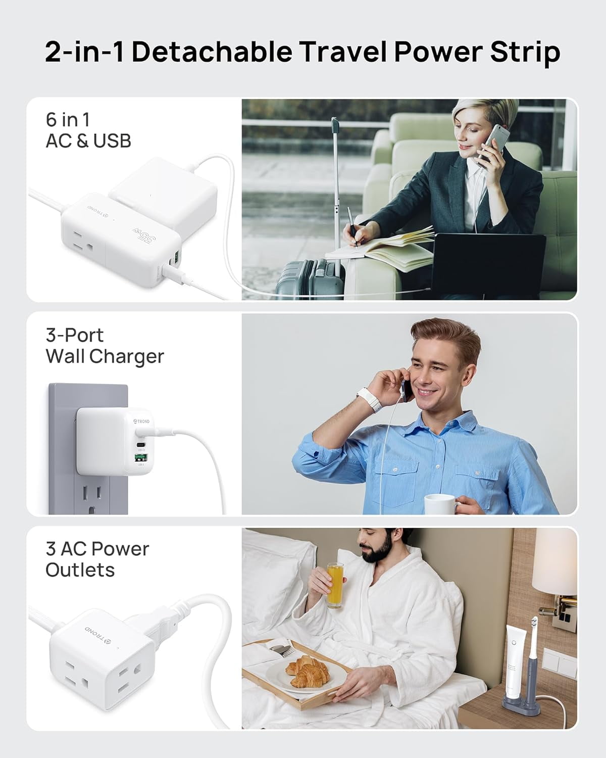 JJEAN-Travel Power Strip with Detachable USB C Ports Fast Charge GaN III PD35W, 5ft Flat Plug Extension Cord with Multiple Outlets, for Home Hotel Dorm Room Cruise Ship Essentials, White
