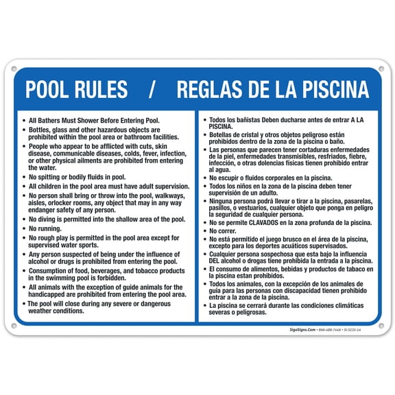 Bilingual Pool Rules Sign, English Spanish,