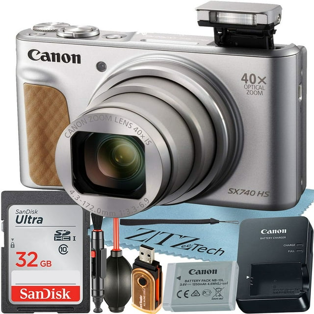 Canon PowerShot SX740 HS Digital Camera (Silver) with 40x Optical Zoom Lens + SanDisk 32GB Memory Card + Cleaning Pen + ZeeTech Starter Bundle