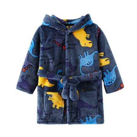 

Esho Boys Girls Winter Warm Flannel Bath Robes Kids Cartoon Dinosaur Leopard Printed Hooded Robe Sleepwear Pajamas 3-10Y