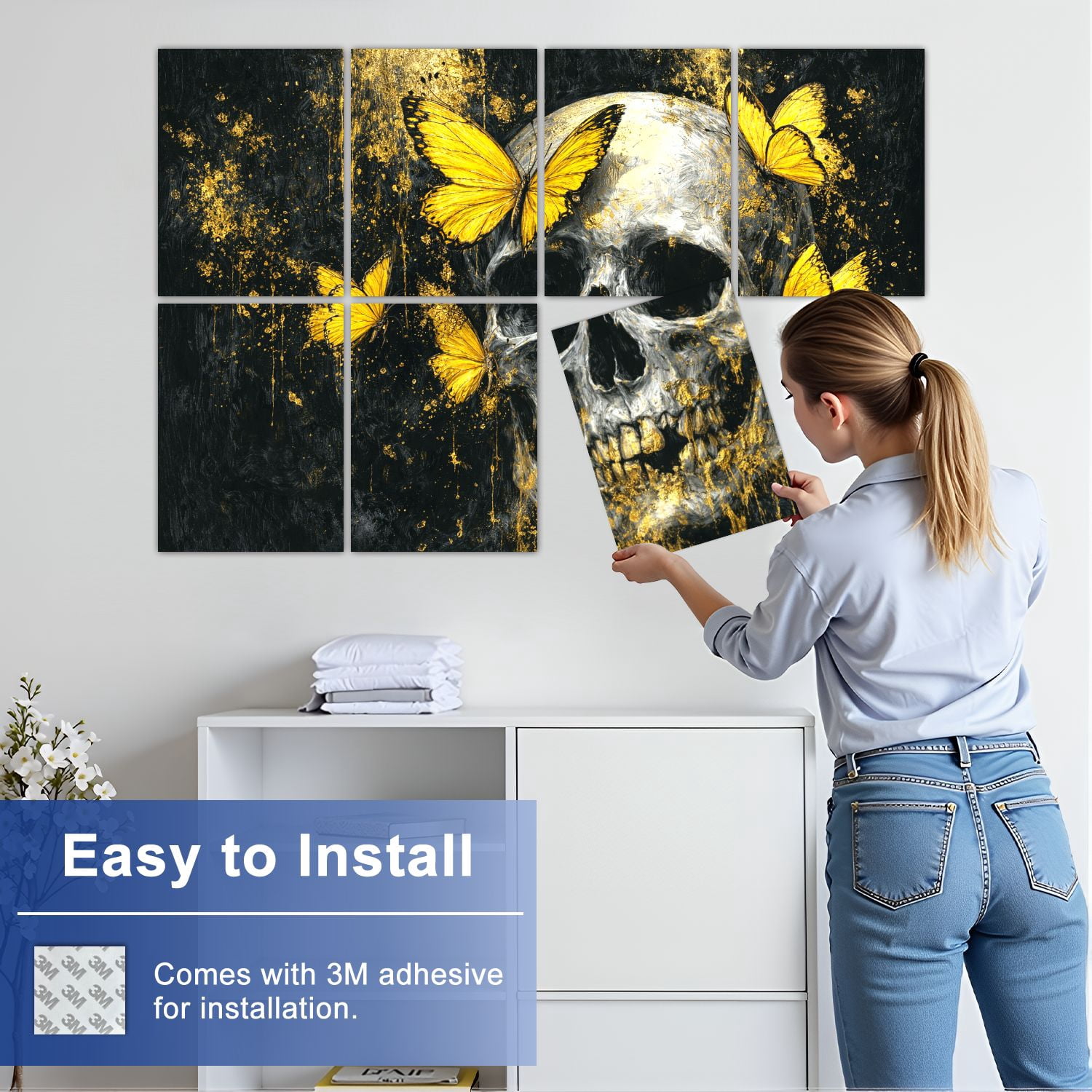 Gothic 8 Pack Art Acoustic Panels Sound Absorbing Skull Vibrant Yellow Butterflies Gold Accents Dark Decorative Soundproof Wall Panels Self Adhesive for Nursery Game Room Bedroom 48"x32"