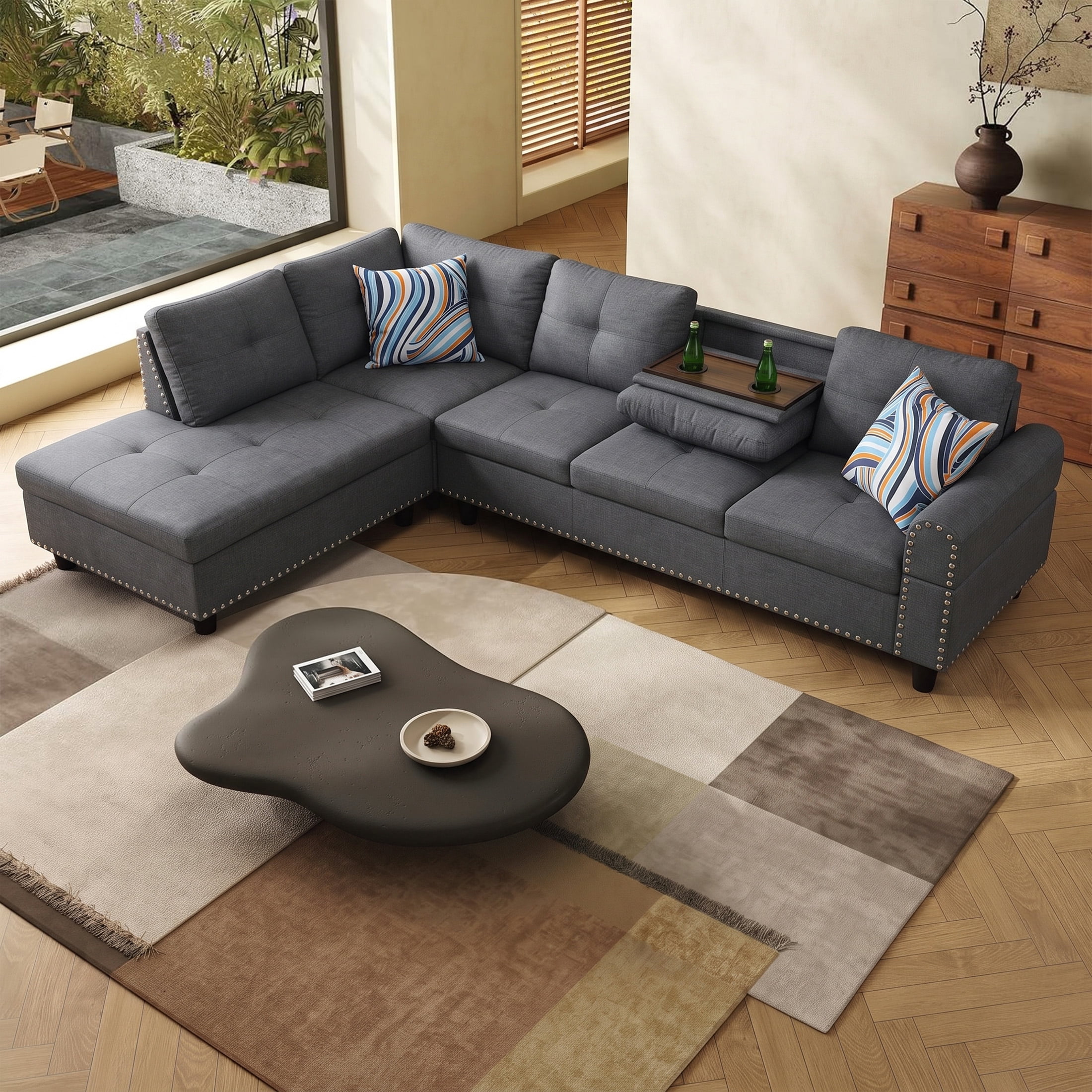 AENKYO 98" L-Shaped Sectional Sofa with Reversible Chaise and Cup Holders, Linen, Dark Gray