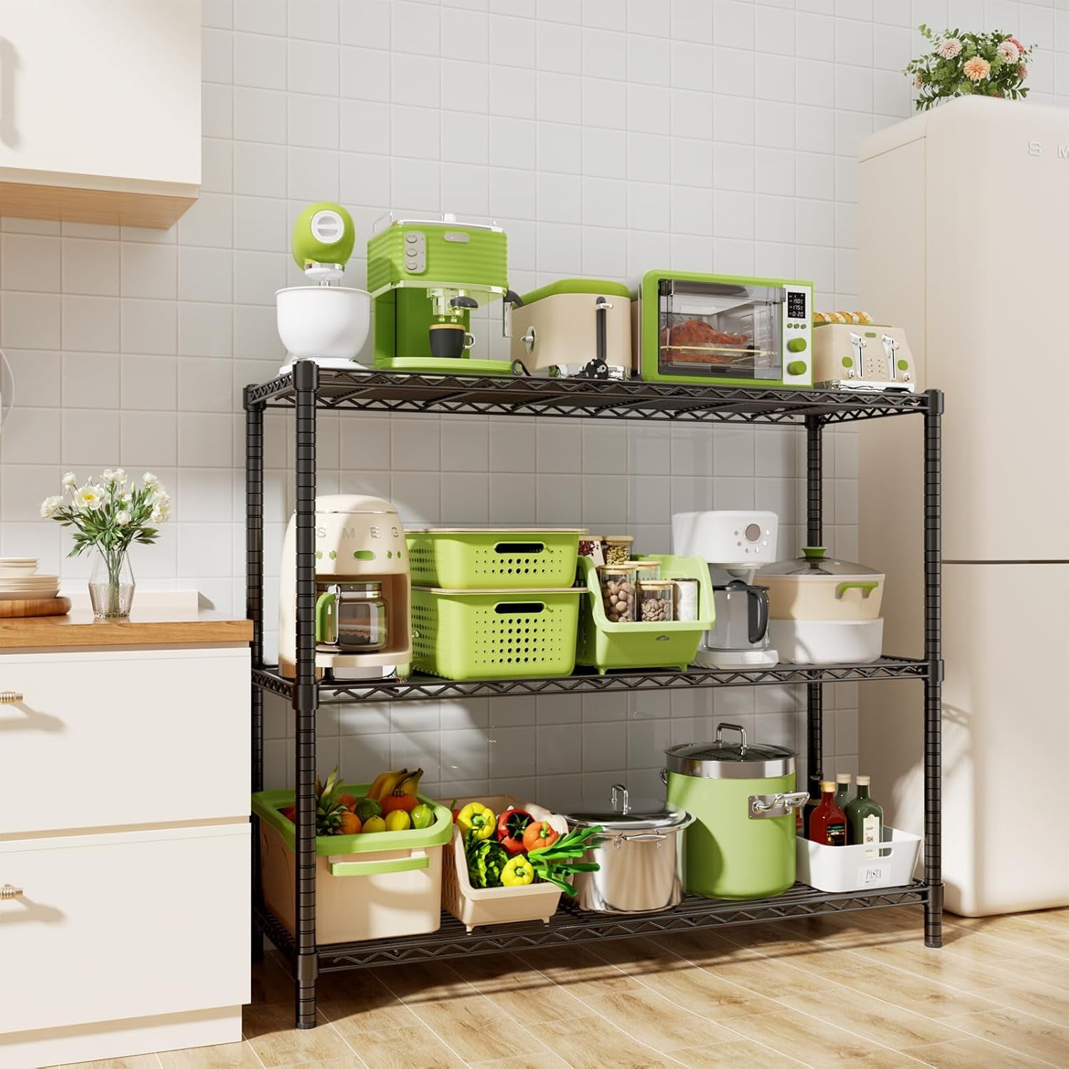 Storage Shelves, 3-Tier Adjustable Metal Industrial Utility Shelf Rack for Kitchen, Laundry Room, Basement Black 48" L x 20" W x 47"