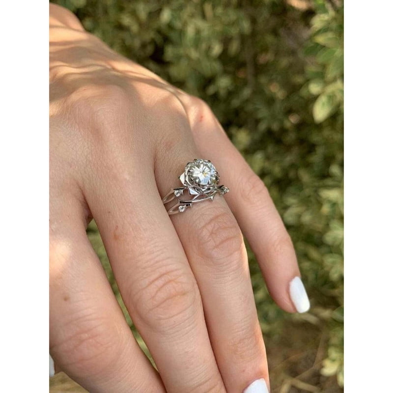 Solitaire Twig & Vine Design Women Bridal Ring Set for Engagement In 925 Silver 14K White Gold Over