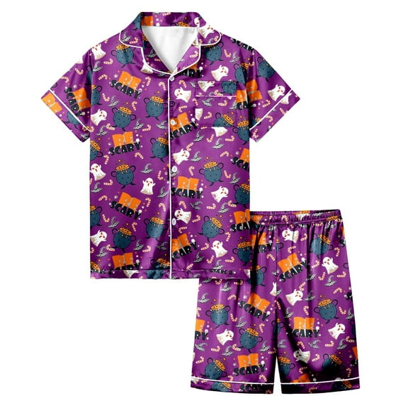 Gelikeya Teen Pajama Sets Size 12-13 Halloween Pajamas Short Sleeves Collared T Shirts Shorts 2pc Outfits Halloween Nighie Gifts Preppy Pjs 2-13Y (Purple, 12-13 Years)
