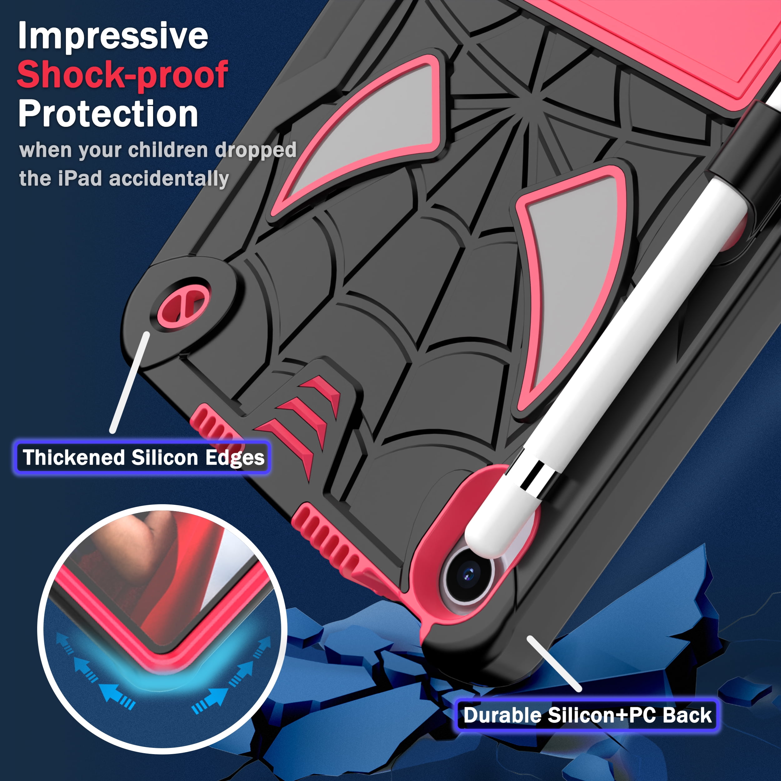 TECH CIRCLE for iPad Mini 7 8.3" (A17 Pro), iPad Mini 6 (8.3") 3-Layer Rugged Shockproof Case with Shoulder Strap, Built-in Kickstand, Pencil Holder, Cute Spider Heavy Duty Tablet Cover, Black Rose