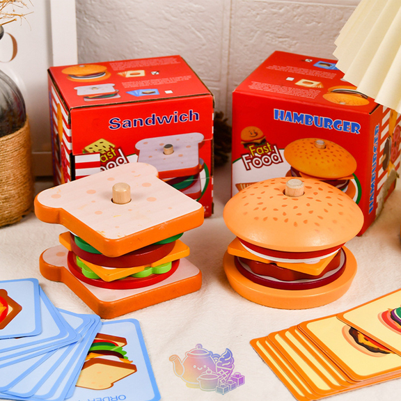 Wooden Pretend Hamburger Sandwich Stacking Toy, Simulation Fast Food Building Play Food Set with Order Cards, Kitchen Pretend Play House Toys, Role Play Toy for Kids Ages 3 and Up