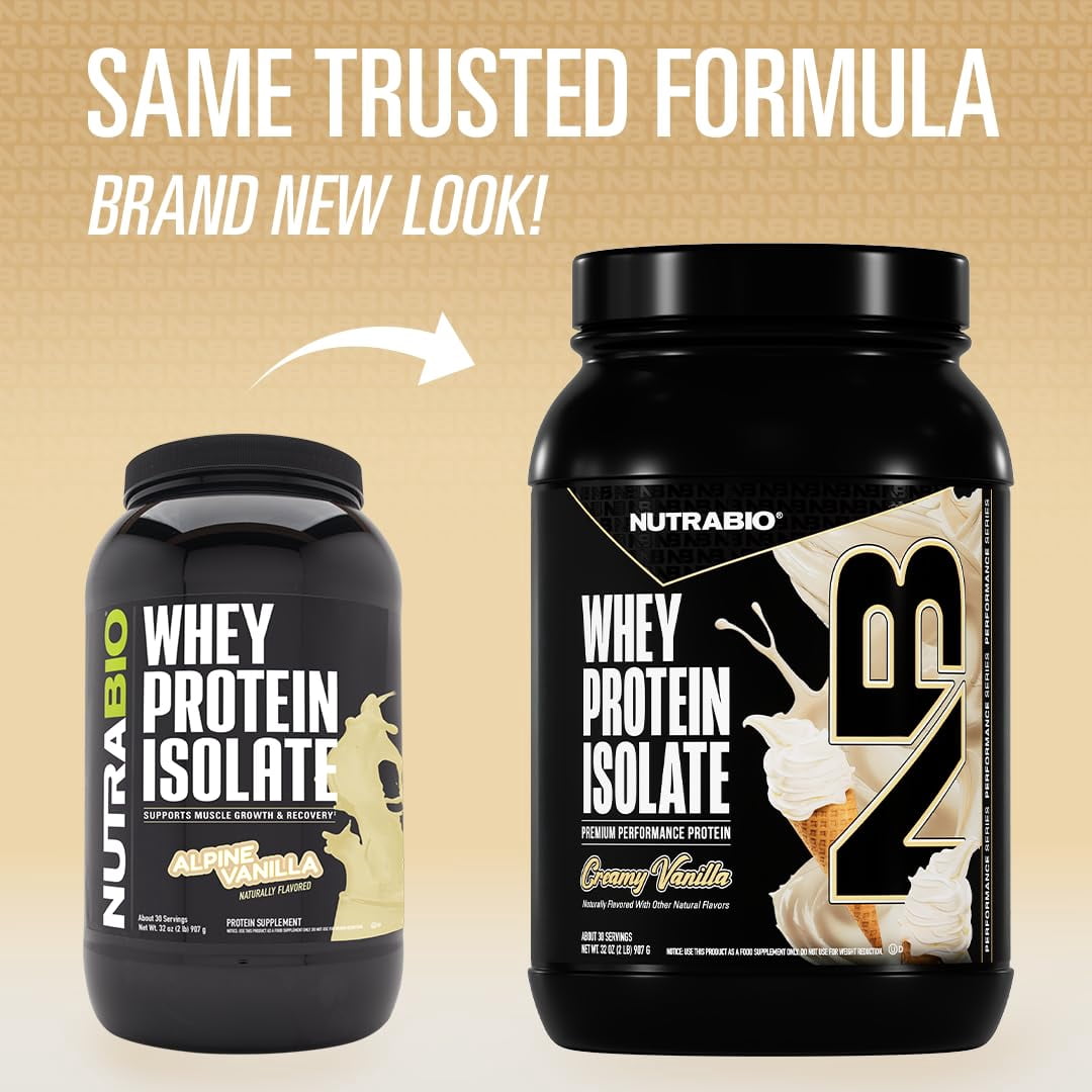 NutraBio Whey Protein Isolate Powder Supplement – 25g of Protein Per Scoop with Complete Amino Acid Profile - Soy and Gluten Free Protein Powder - Zero Fillers and Non-GMO - Alpine Vanilla - 2 Lbs