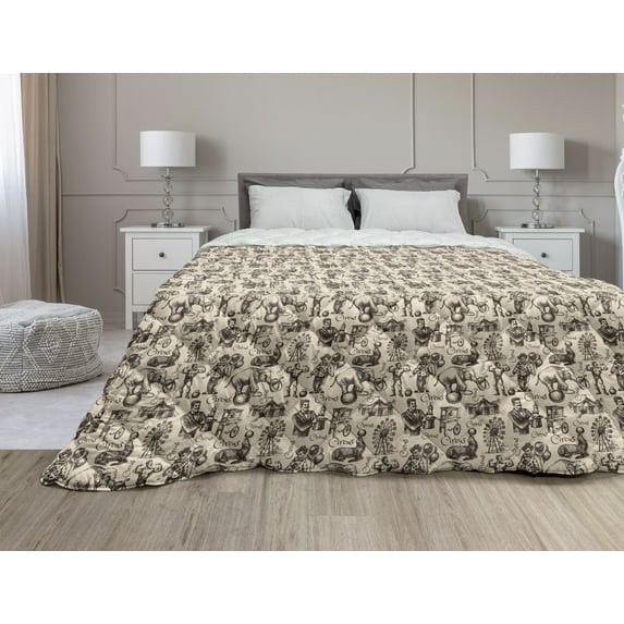 Circus Down Alternative Comforter, Continuous Sketchy Drawn Funny Elements Various Entertainment Tricks Animals, Microfiber Quilt for All Season, 5 Sizes, Beige Chocolate, by Ambesonne
