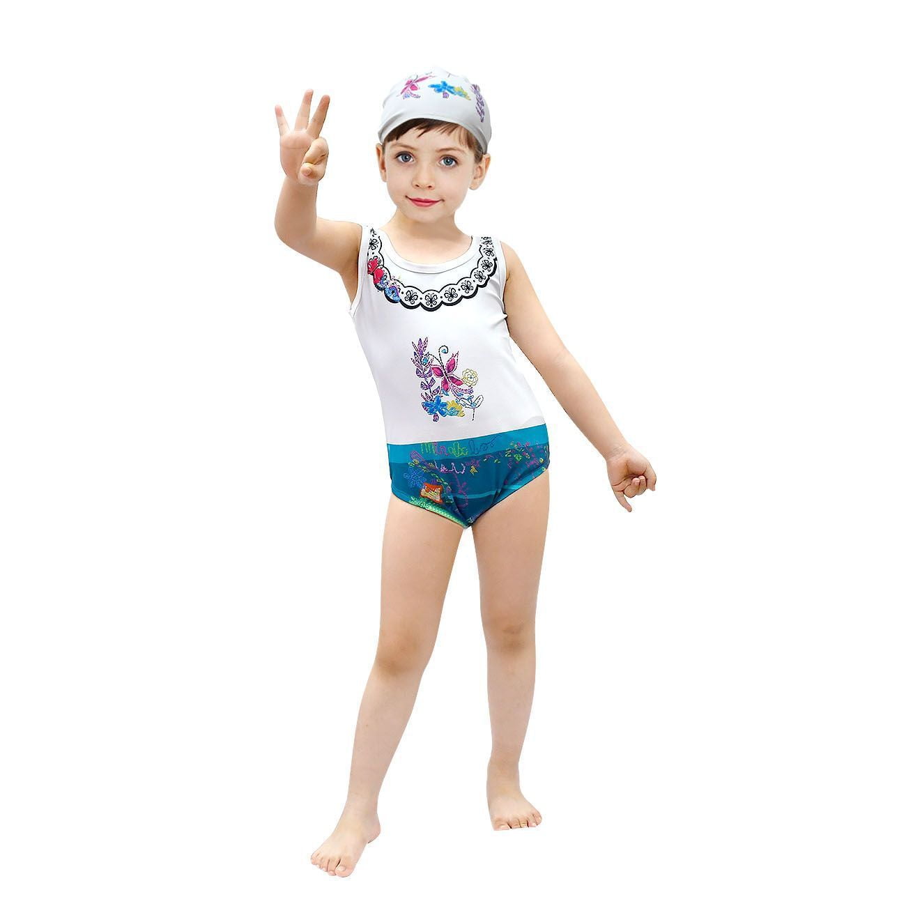 Girls One Piece Swimsuit Cartoon Bow Bathing Suits w/Swimming Cap