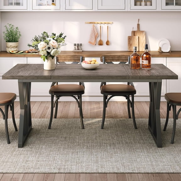 BedsPick 70" Large Dining Table for 6 People, Indoor Outdoor Rectangular Farmhouse Kitchen Table with Thickness Wood Tabletop, X-Frame Metal Legs for Living Room, Dining Room, Office, Courtyard, Gray