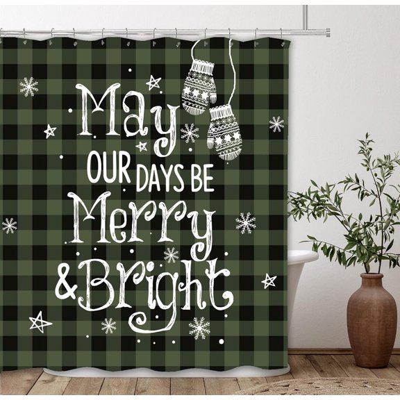 Christmas Olive Branch Dark Green Buffalo Plaid Shower Curtain, Winter May Your Days Be Merry and Bright Bathroom Shower Curtain Sets Decoration 71 x 71 Inch with Hooks