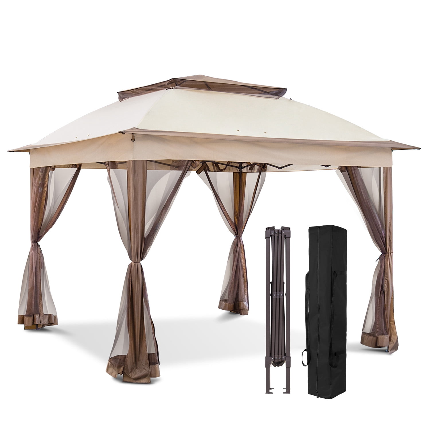 EAGLE PEAK 11x11 Pop Up Gazebo with Mesh Netting, Easy Up Screened Canopy for Patio and Backyard(Tan)