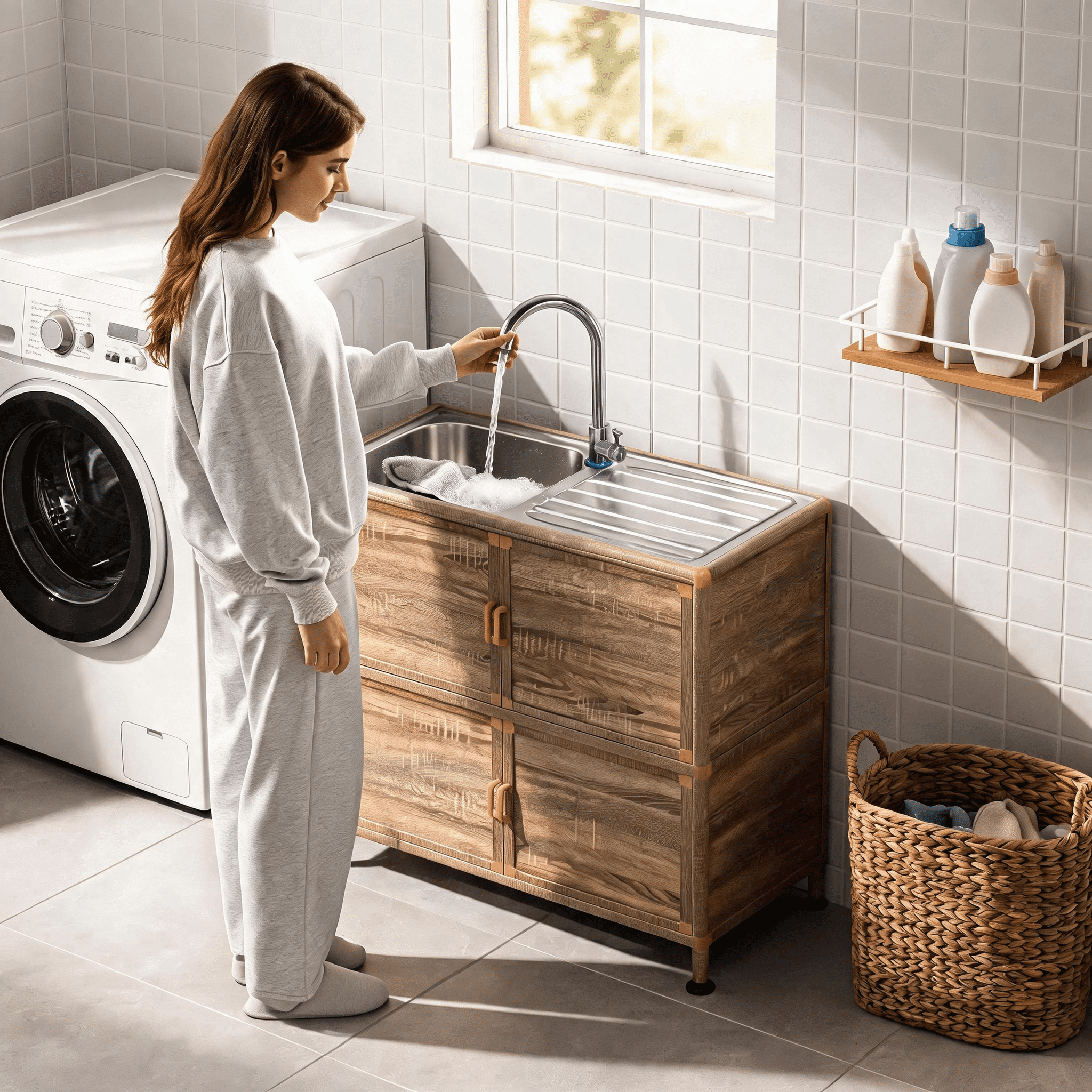 Utility Sink with Cabinet, Freestanding Utility Sink, Laundry Room Sink Cabinet, Outdoor Sink Station, Stainless Steel Utility Sink (32.68" D x 16.93" W x 33.27" H)
