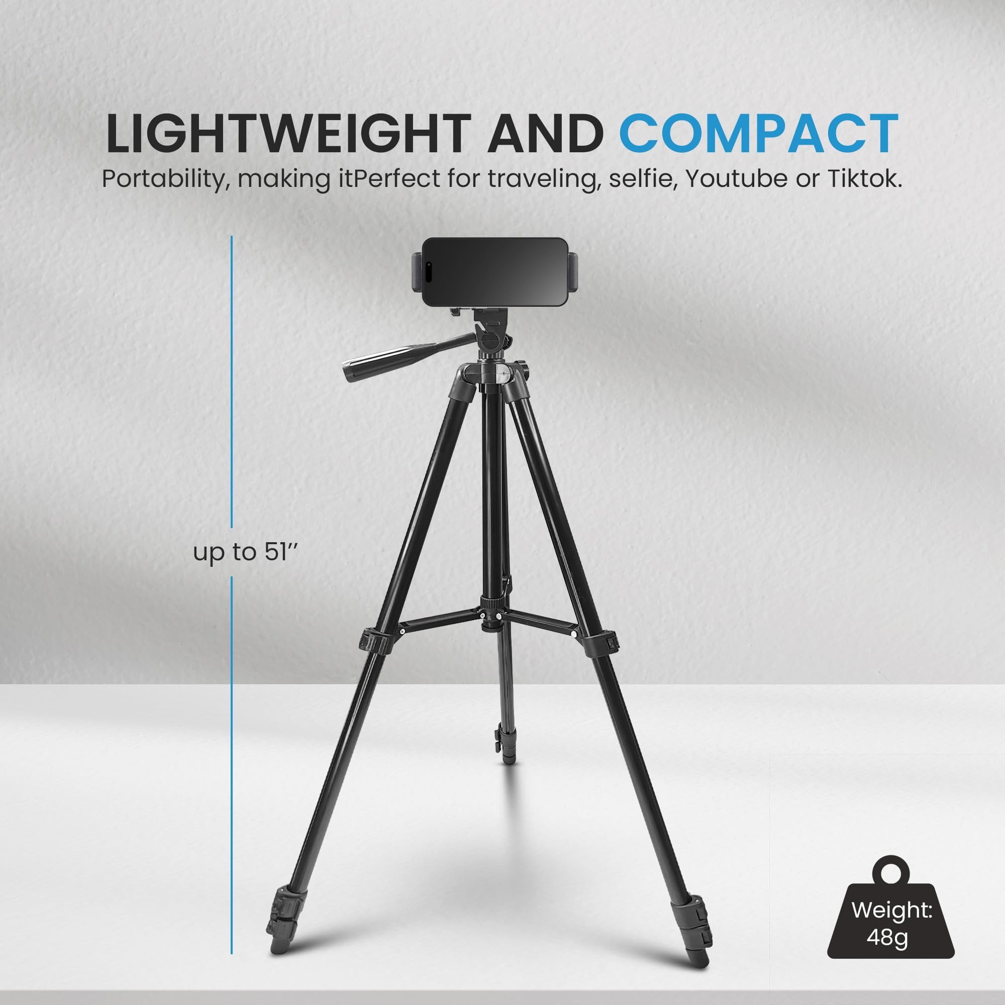 iDance Cell Phone Tripod Stand, 51", Phone Tripod with Bluetooth Remote Control, Portable Tripod for iPhone and Smartphone, Tripod Mount for Video Recording, Traveling, YouTube and Tiktok