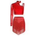 thumbnail image 3 of MSemis Women Single Sleeve Rhinestone Crop Top and Skirt Red S, 3 of 7