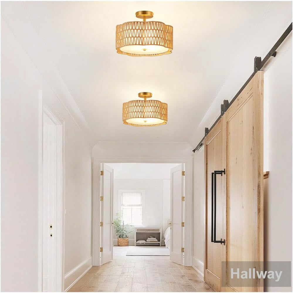 3-Light  Boho Light Fixtures Flush Mount, Rattan Ceiling Light Fixtures Flush Mount Gold for Bedroom, Flower-Shaped Close to Ceiling Light Fixture for Hallway Kitchen