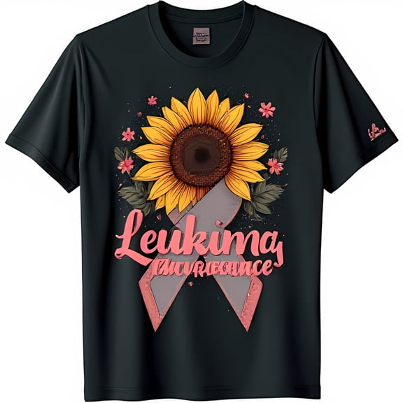 Black T-Shirt with Sunflower & Pink Ribbon Design for Leukemia Awareness