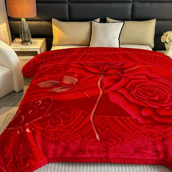 WOOW DEPOT Thick Fleece Bed Blanket, 1 PCS Rose Ornate Printed 7.3 lbs Heavy, Soft Warm Mink Blanket Luxurious Reversible, Full Queen 78.7" x 90.5", Red