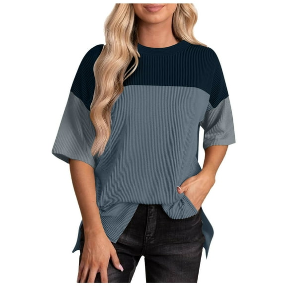 Patlollav Womens Tshirts Under $10, Women's Summer Round Neck Shirt Fashion Versatile Casual Color Block Short-Sleeve Blouse