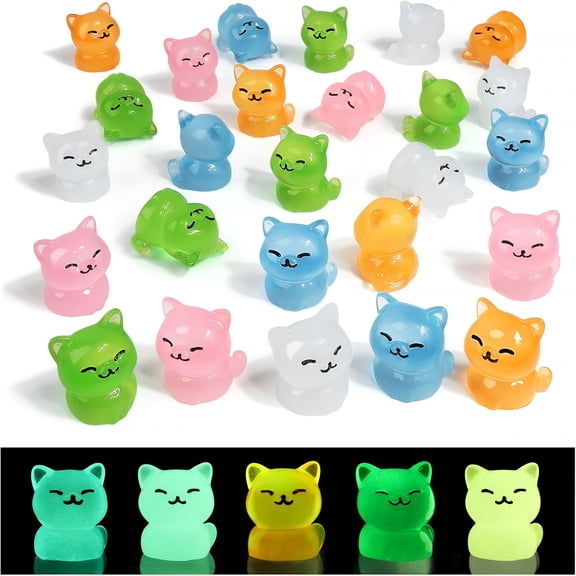 BESTSKY 24 Pcs Luminous Mini Resin Cats,Miniature Cat Figurines,Tiny Cat Animals Ornaments Glow in the Dark for Dollhouse,Aquarium,Cake Decorations,Fairy Garden Landscape,Diy Crafts