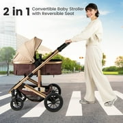 INFANS 2 in 1 Baby Stroller, Folding Newborn Pram Convertible Stroller Bassinet for Infant Foldable High Landscape Shock Absorption with Reversible Seat Aluminum Structure for Pushchair