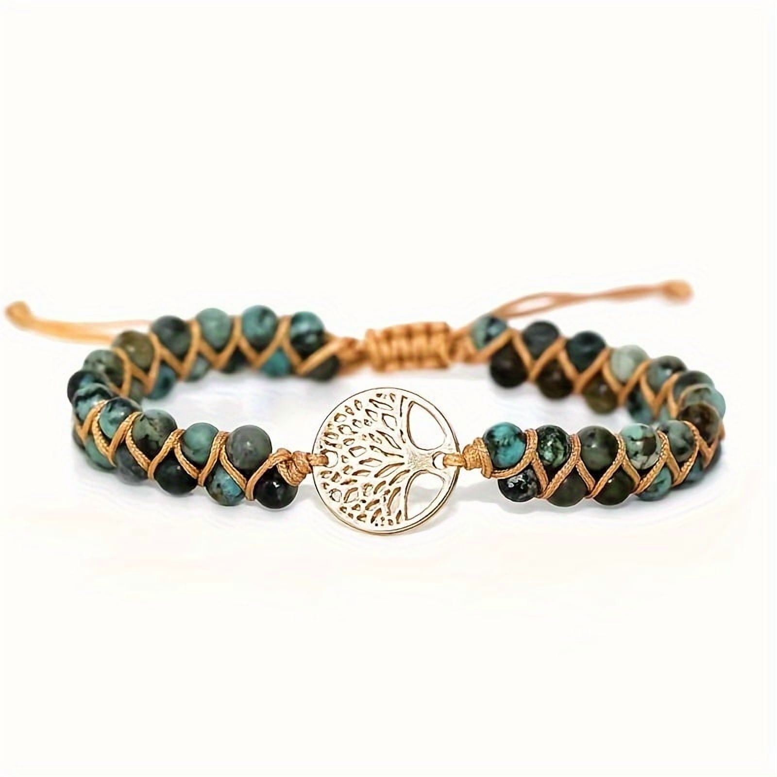 Bracelet with Natural African Turquoise Beads & Golden Tree of Life Charm - Vacation-Style, Perfect for Daily Wear or Parties, Charm Bracelet,African
