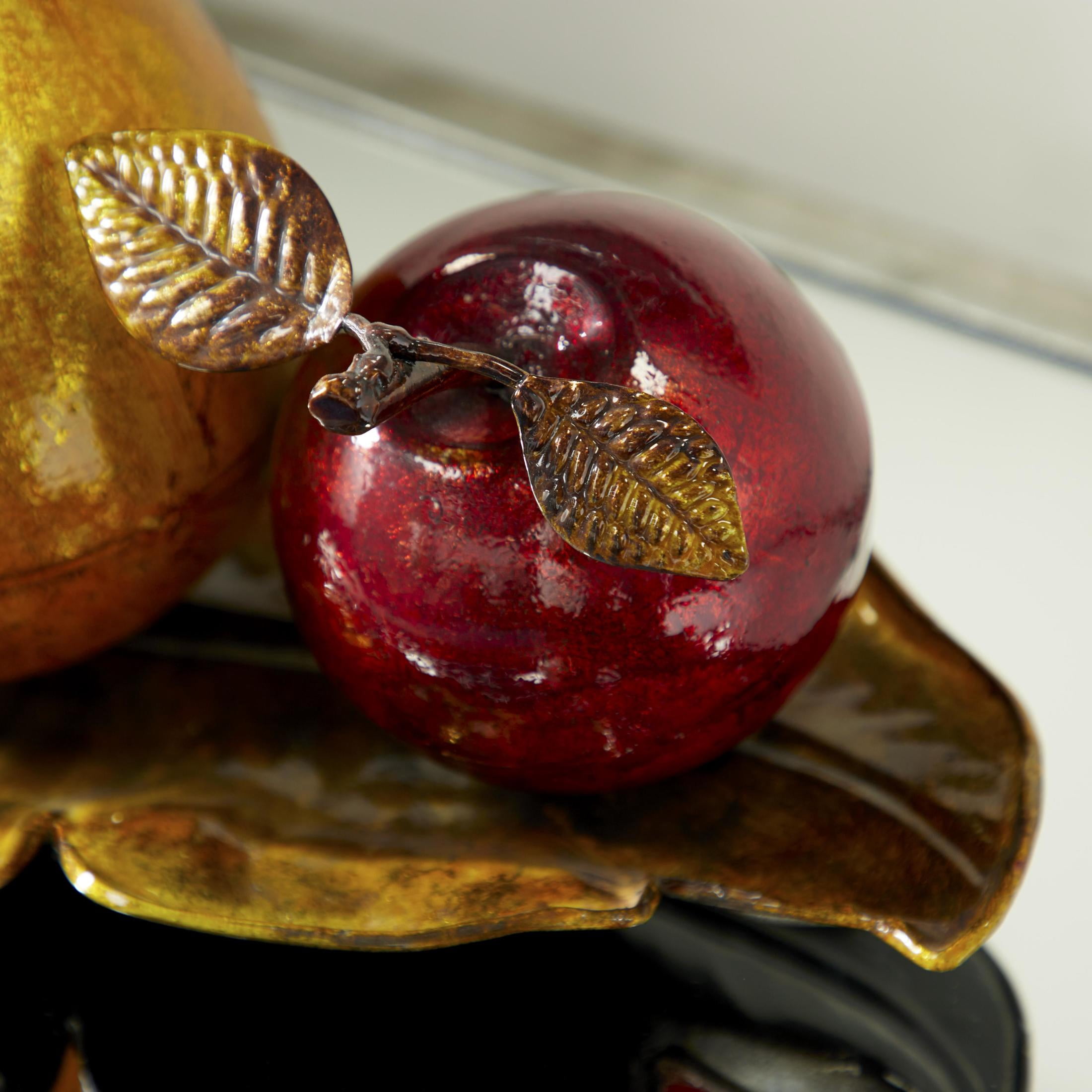DecMode Colorful Faux Red Apple and Yellow Pear Fruit Table Top Décor on Bronze Metal Leaf Tray, 19"W x 10"L x 9"H