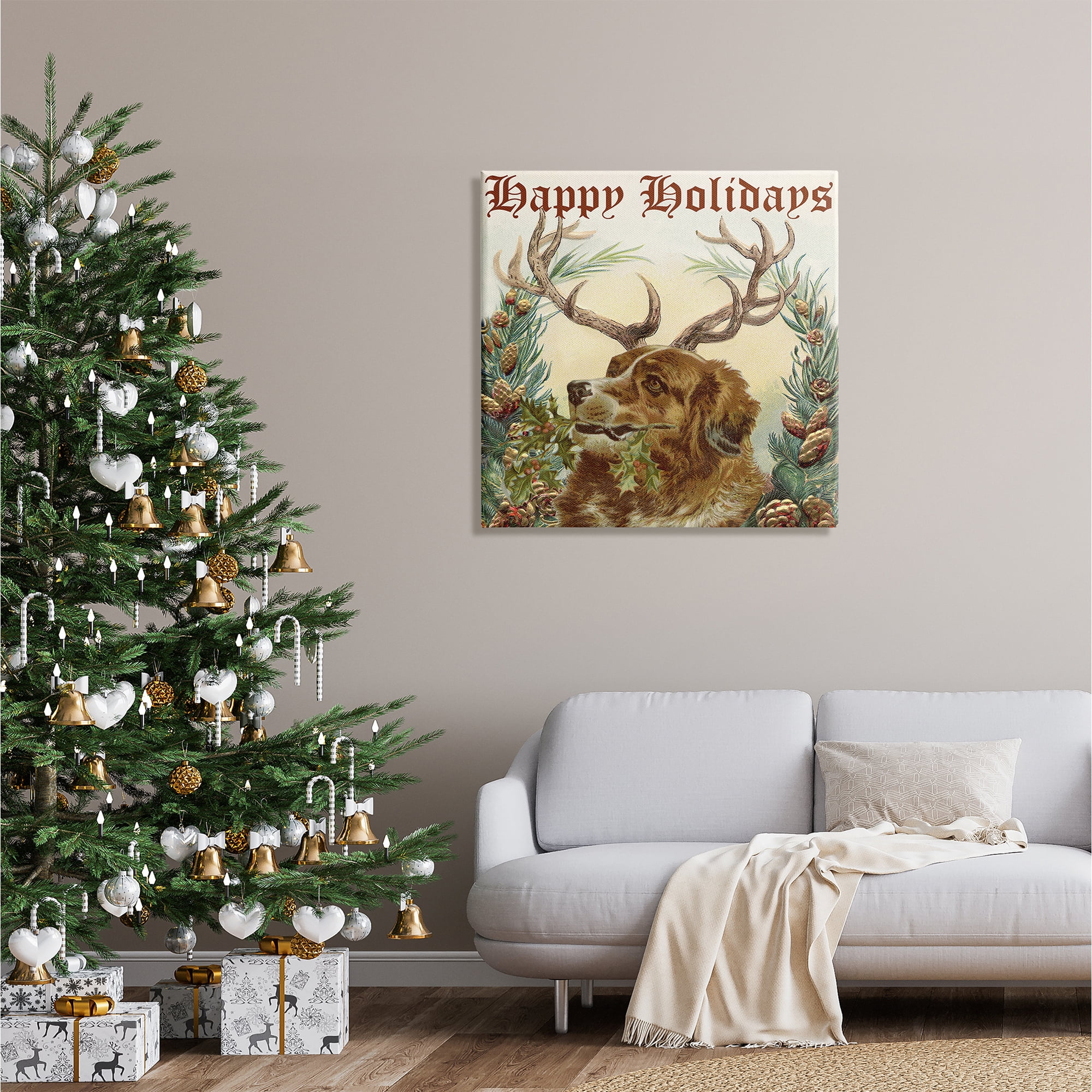 Stupell Industries Dog Wearing Antlers Seasonal Holiday Botanicals Graphic Art Gallery Wrapped Canvas Print Wall Art, Design by Alicia Longley