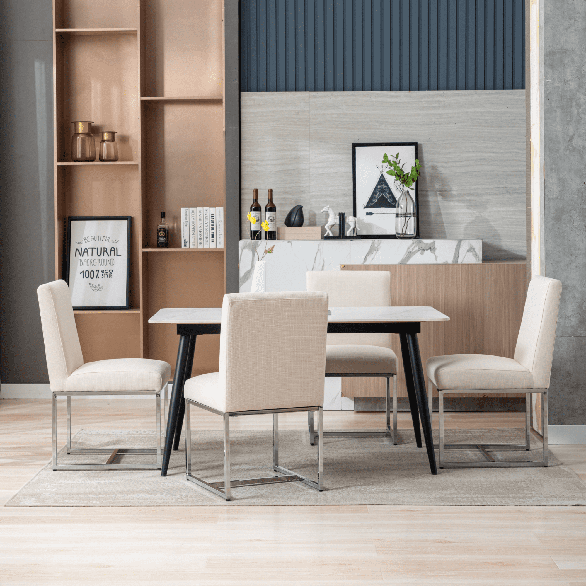 Dayalane Mid Century Modern Dining Chairs Set of 6, Beige Linen Upholstered Kitchen & Dining Room Chairs with Chrome Metal Frame, Armless Side Chairs for Living Room