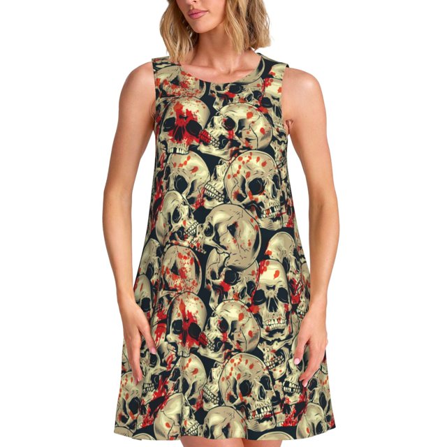 Fotbe Skulls1 Vestido de Verano sin Mangas para Mujer – Vestido Midi Línea A, Estilo Camiseta Floral, Vestido Playero Casual y Fluido