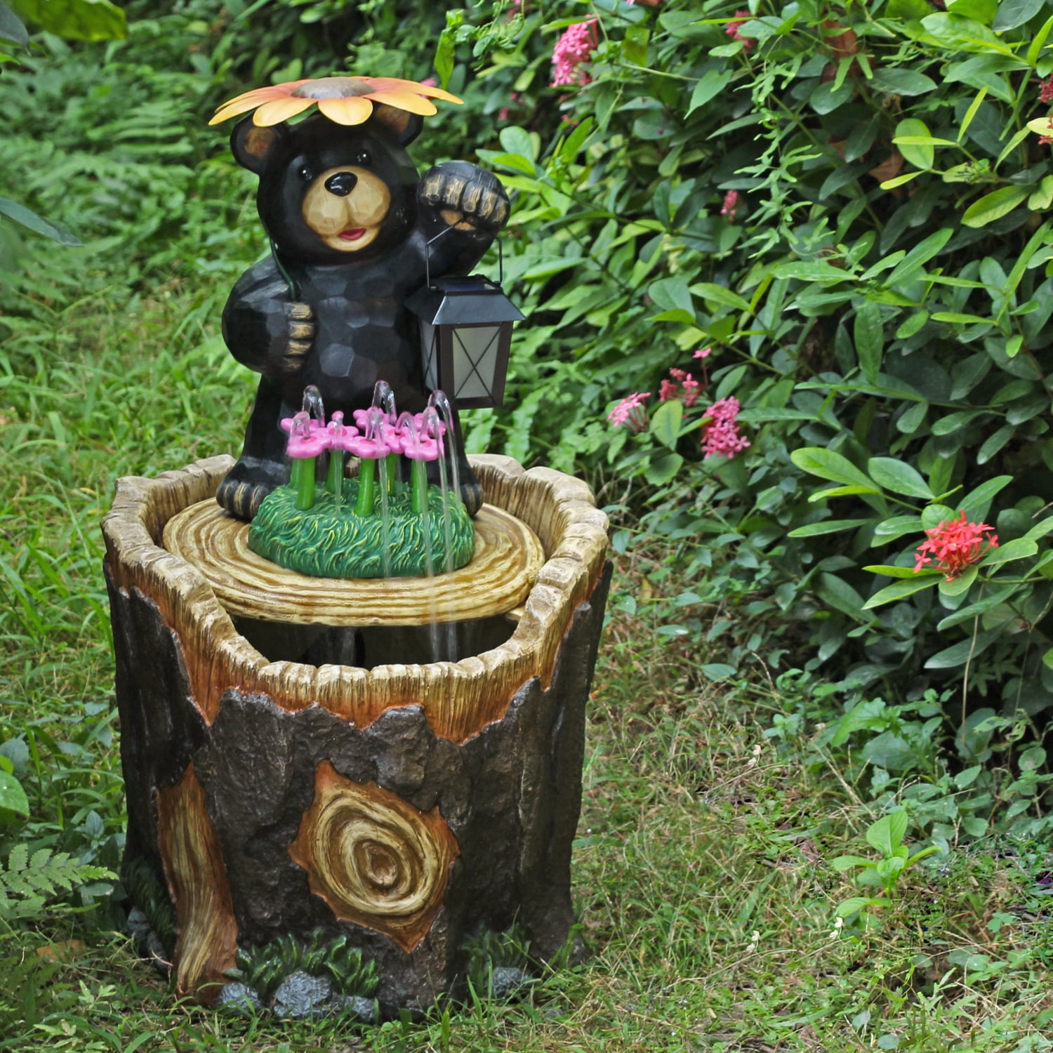Outdoor Bear Water Fountain w/ Solar Lantern Backyard Garden Patio
