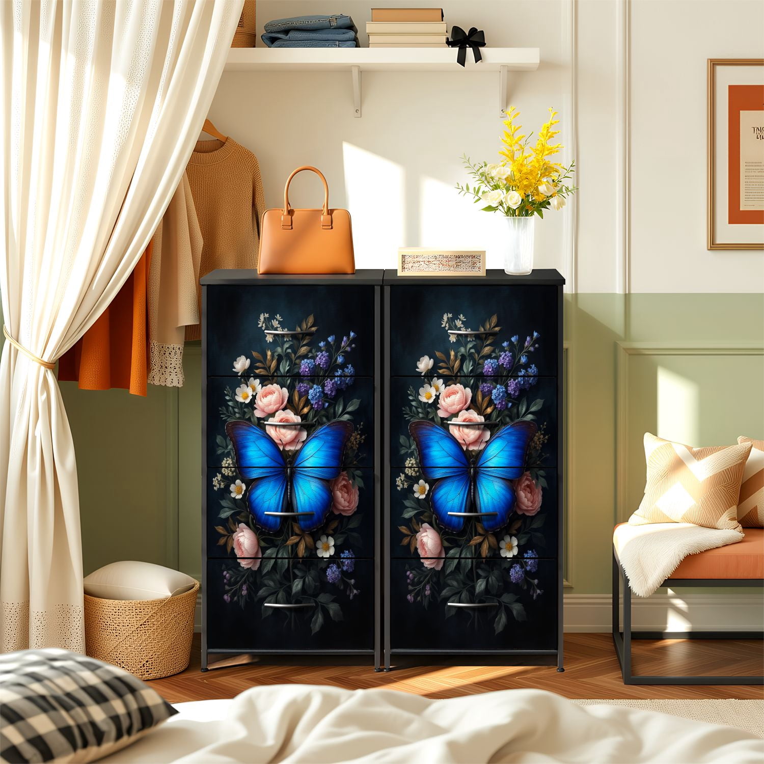 Gothic Dresser for Bedroom with 4 Storage Drawers Vibrant Blue Butterfly Elegant Floral romantic bouquet Dressers Chest of Drawers Steel Framed Fabric Closet Organizers for Dorm Entryway