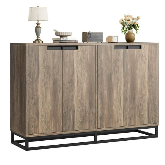 55" Modern Buffet Storage Cabinet – Sideboard Credenza with 4 Doors & Adjustable Shelves, Metal Base, Accent Coffee Bar Table for Kitchen, Dining Room, Living Room (Brown)