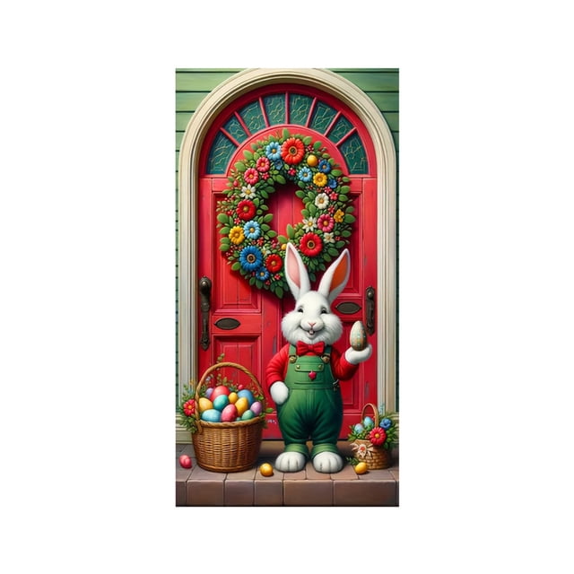 E Spring Festival Door Curtain Hanging Decor With Bunny And Egg Pattern Polyester Fabric For Holiday Party Background 70.87 Inches High