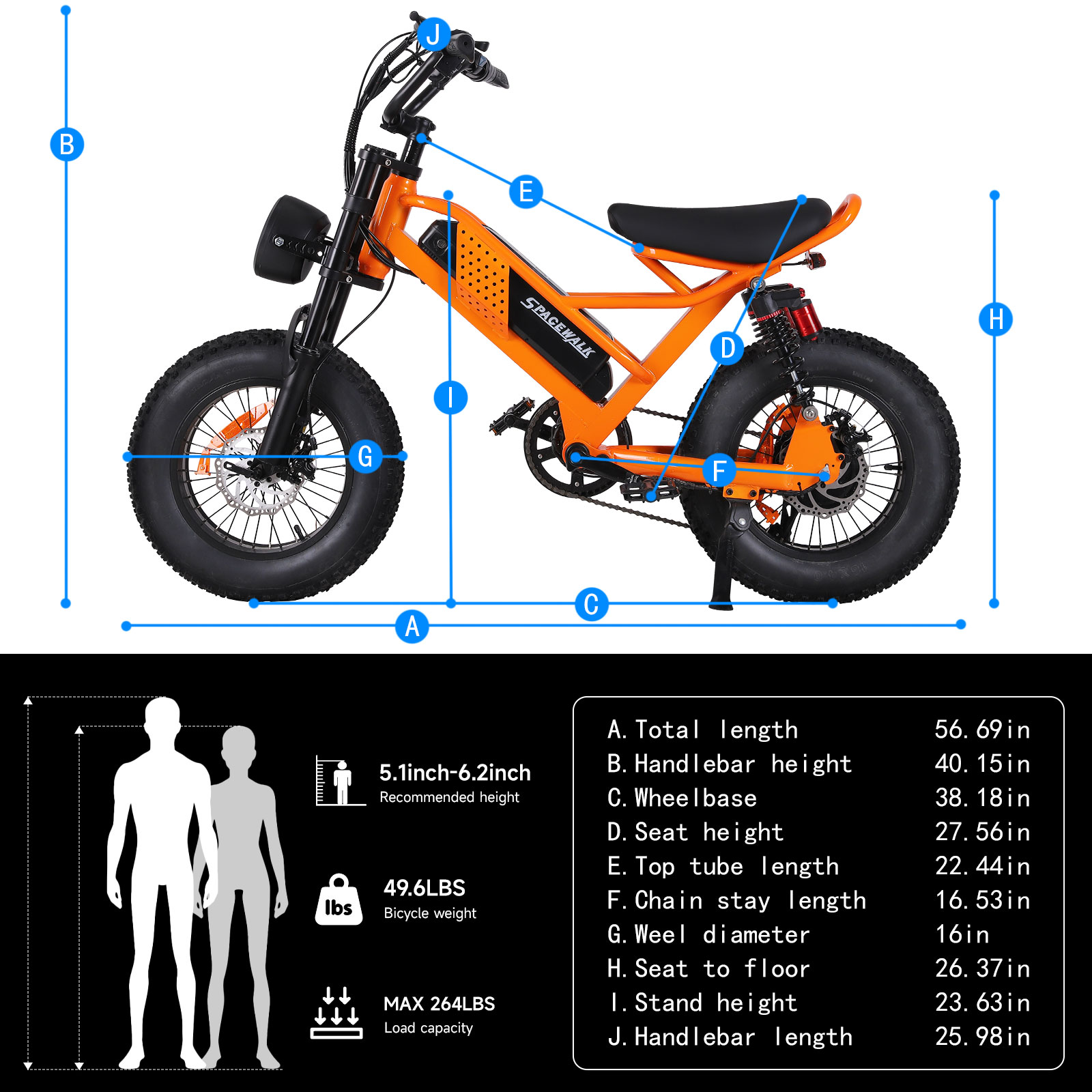Spacewalk 16" Fat Tire Electric Bike – 750W Motor, 21.7MPH, 48V 15Ah Removable Battery – Compact Ebike for Riders 4'10" to 5'5" & Teens – 4 Shock Absorbers, Smooth Ride