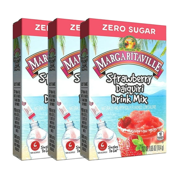 Margaritaville Singles To Go Water Drink Mix Strawberry Daiquiri Flavored Non-Alcoholic Powder Sticks Sugar-Free Low-Calorie Water Enhancer for Home Picnic Outdoor Beverages 3 Boxes 18 Total Servings