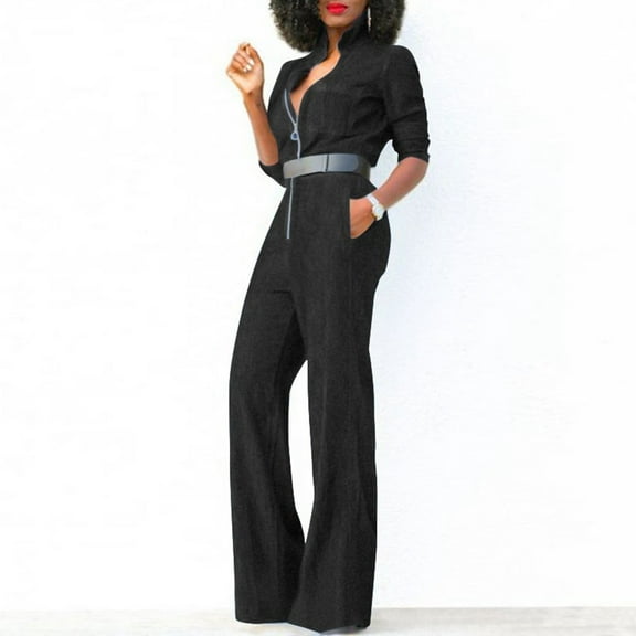 Baqcunre Jeans for Women Women's Sexy Bodycon Jumpsuits V Neck Long Sleeve High Waisted Slim Fit Long Romper with Pockets Belt Straight Leg Jeans for Women Jeans for Women Trendy