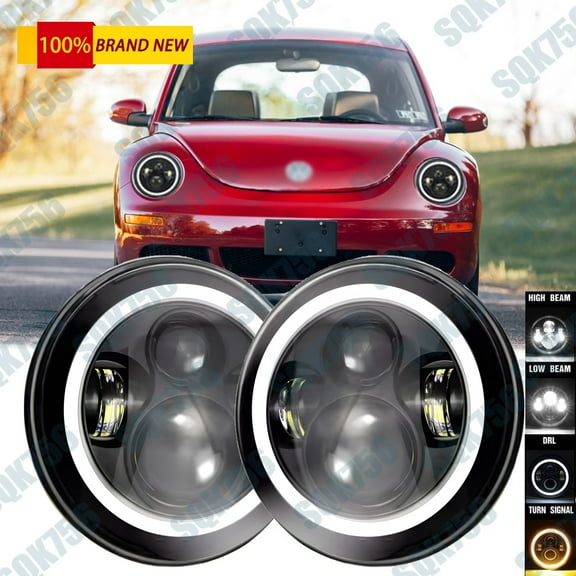For VW Beetle Classic 7 Inch Round LED Headlights Hi/Low Beam Halo DRL Projector