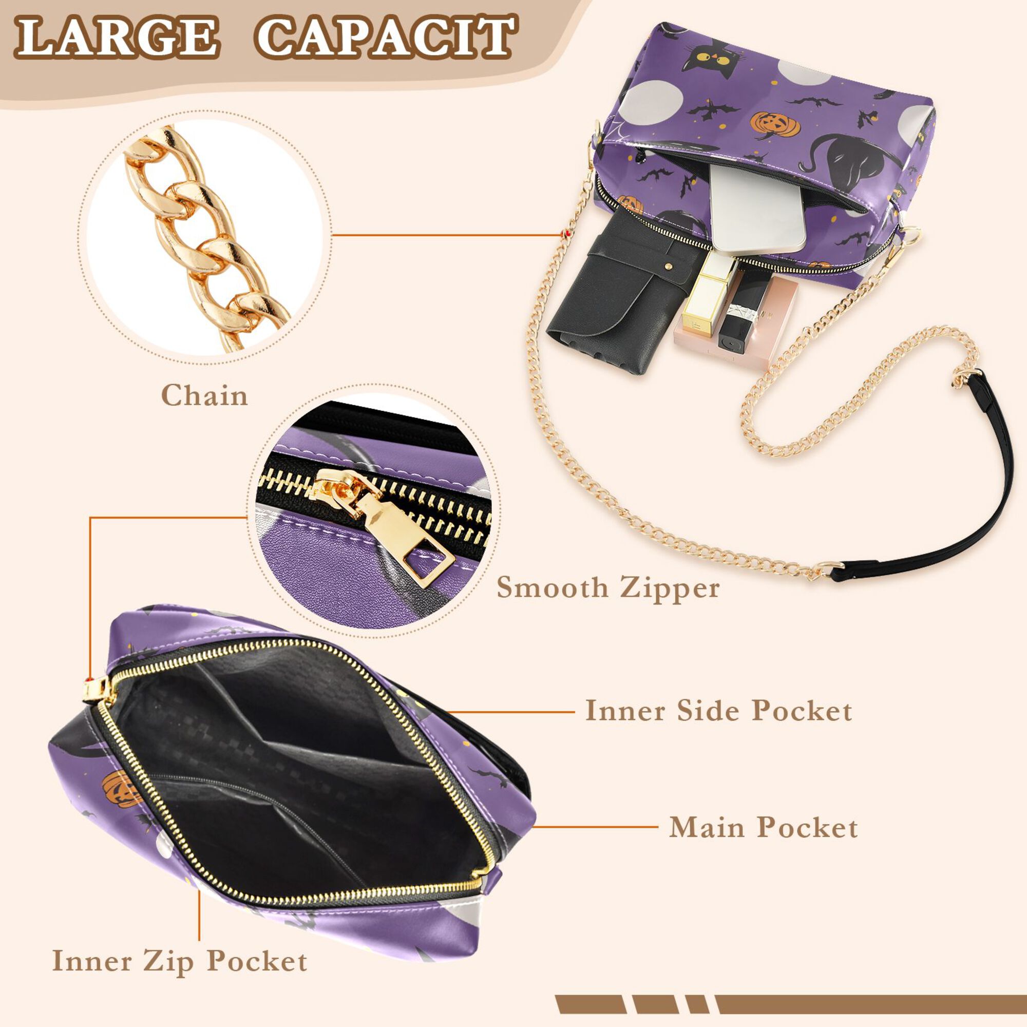 FORMRS Women Crossbody Purse with Chain Strap Vegan Leather Shoulder Handbag, Halloween Black Cat