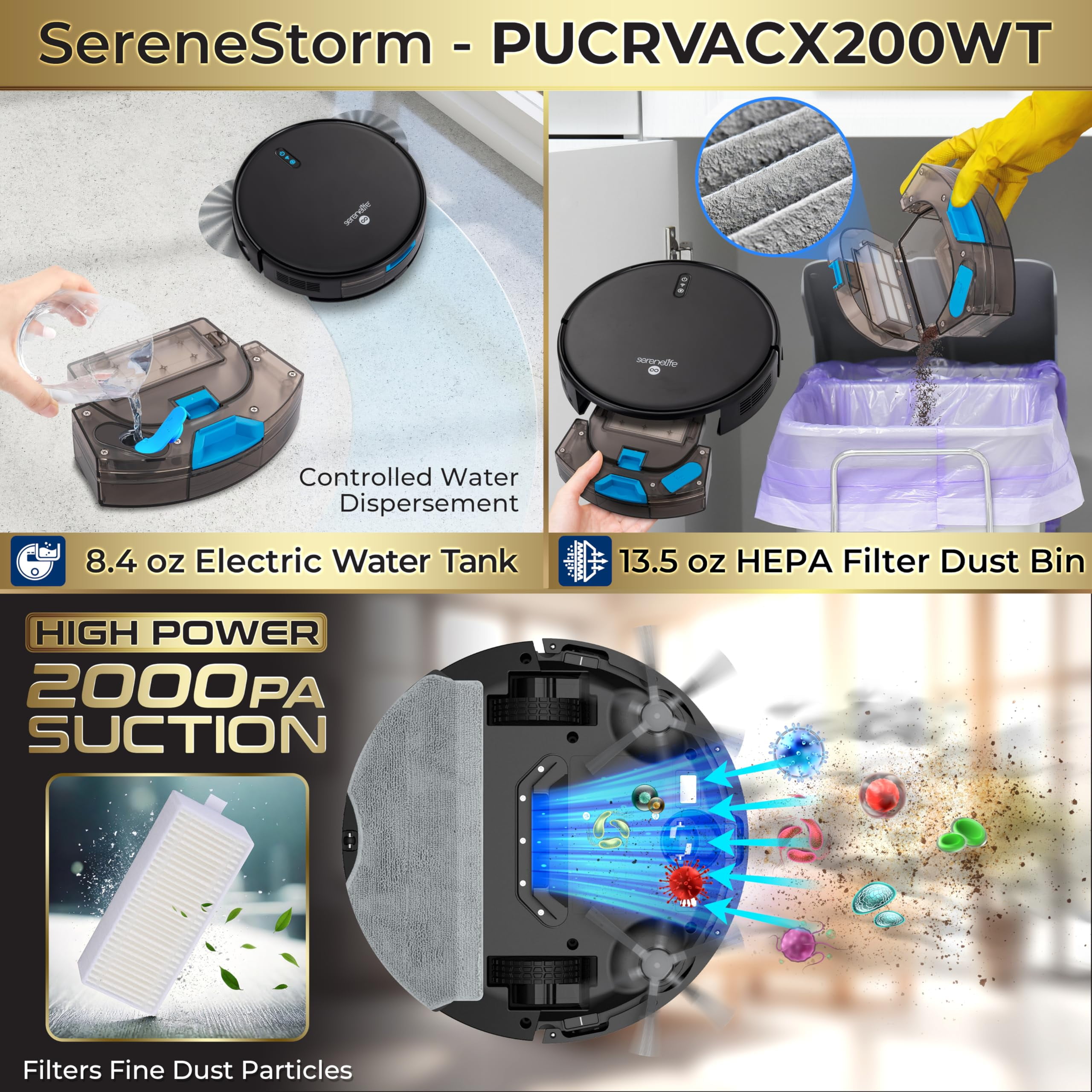 Smart Robot Vacuum and Mop Combo, 2000Pa Suction, App Control, 4 Cleaning Modes, Anti-Fall Sensors, Multi-Surface Cleaning, Self-Charging, Ideal for Pet Hair, Soft and Hard Floors, Black