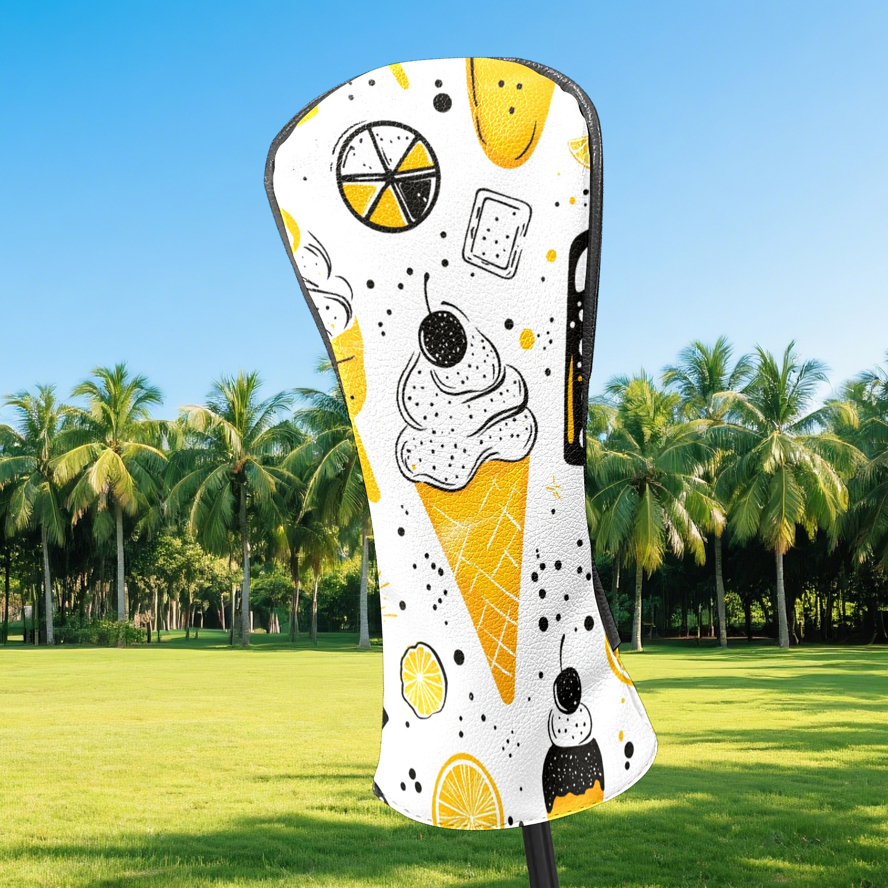 Golf Club Covers PU Leather Waterproof Head Covers for Fairway Woods Hybrids Ice Cream Pattern